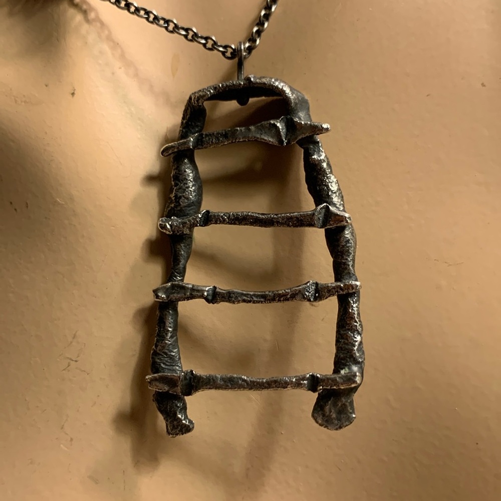BRUTALIST MODERNIST RAW STEAMPUNK SILVERTONE PEWTER PENDANT AND CHAIN NECKLACE.